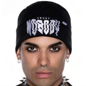 Killstar Trust Nobody Beanie – Black Acrylic Knit, White Embroidery, Unisex Hat